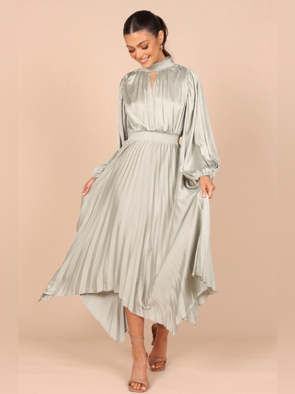 Petal & Pup Eloise Dress Pleated High-Neck Long Sleeve Midi Length- Light Sage